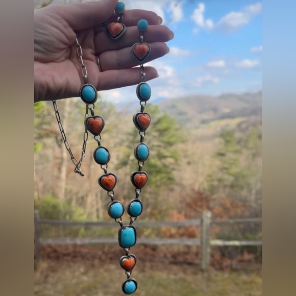 Navajo Betta Lee Spiny Oyster & Turquoise Heart SS Lariat & Earrings Set - Picture 4 of 8